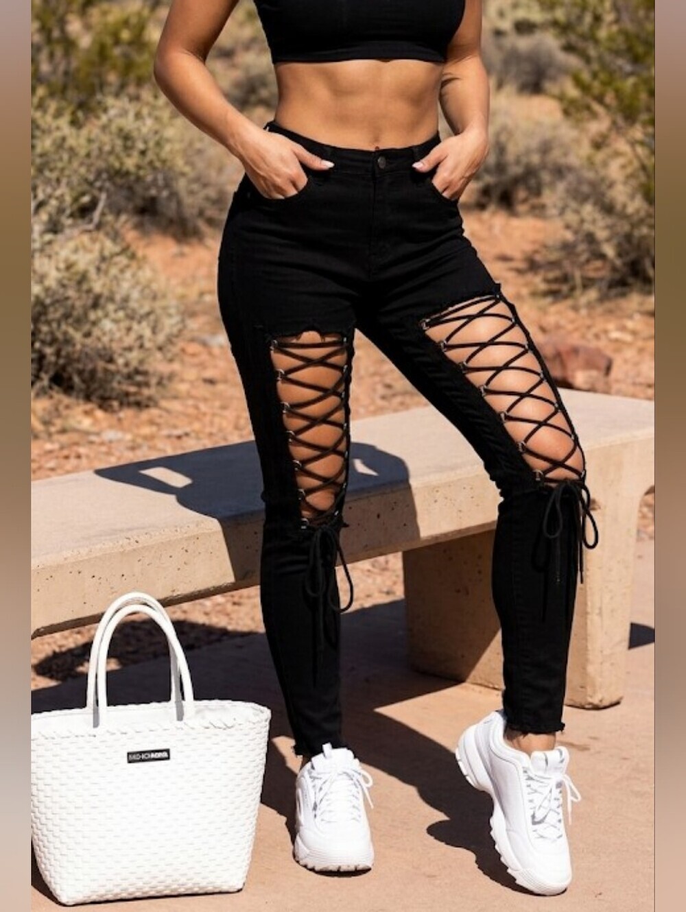 Fashion Nova Black Lace-Up Front Skinny Jeans Size 5